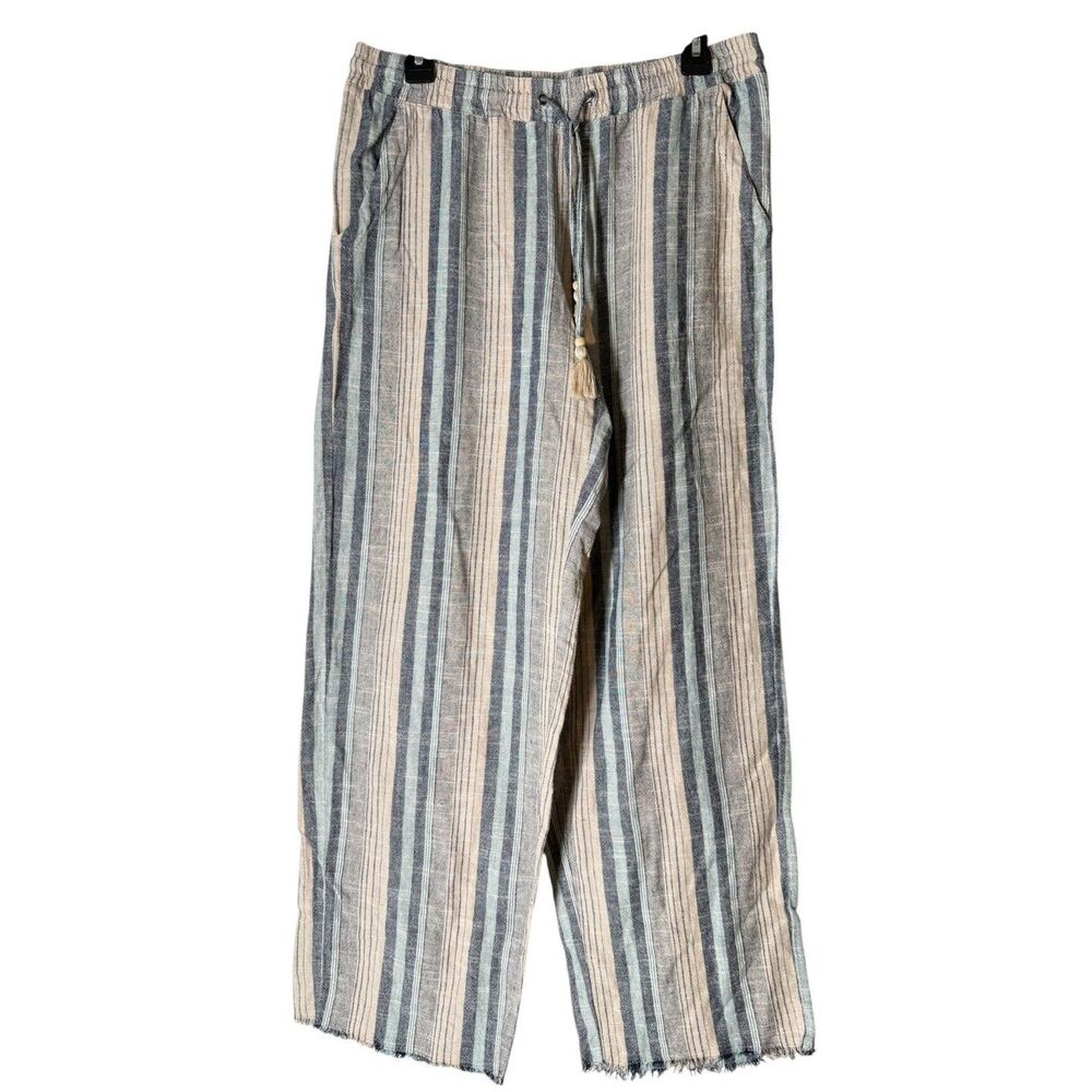 Bob Timberlake Striped Wide Leg Linen Blend Pants Womens Sz M Boho Beachy Tassel